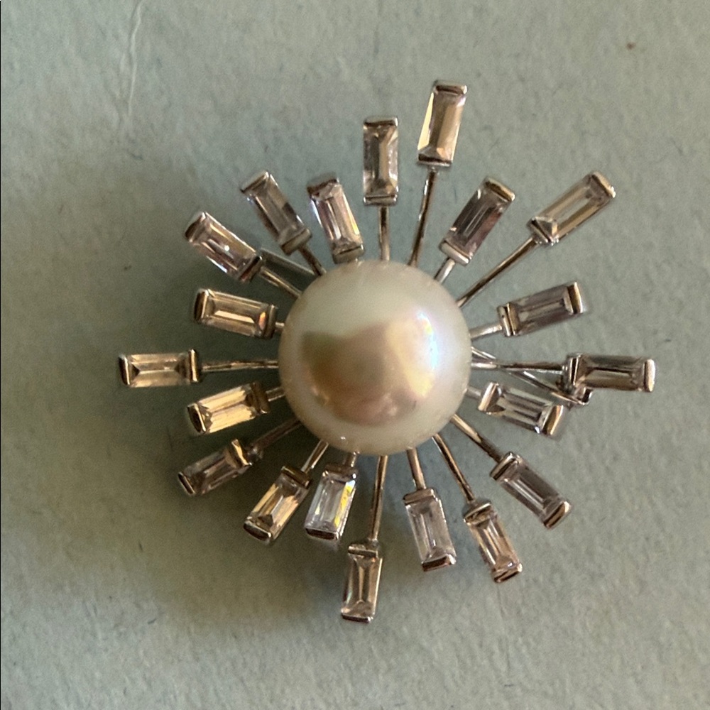 Elegant Sterling Silver, Created Pearl and Crystals Brooch